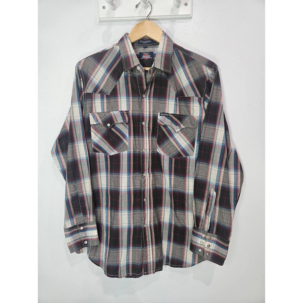 Dickies Mens Large Western Plaid Pearl Snap Long Sleeve Shirt Black Red Grey